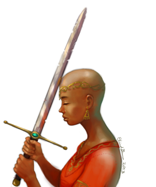 digital painting of Marama, a dark skinned bald woman, wearing golden jewelry and a red tunic; her eyes are closed and she is holding a chipped sword resting against her forehead as though in prayer