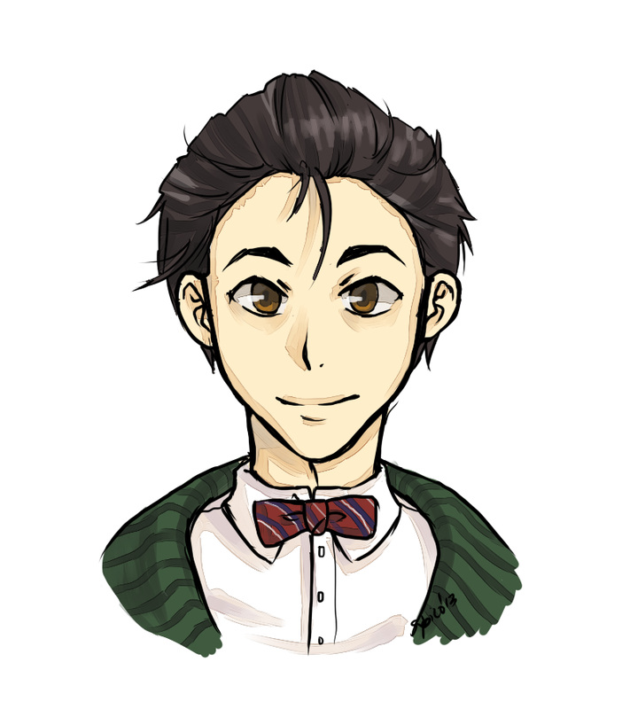 digital drawing of Tristan with his hair messily slicked back; he has black hair, going grey, and brown eyes. he is wearing a green sweater, white button-down shirt, and a red and blue striped bow tie.