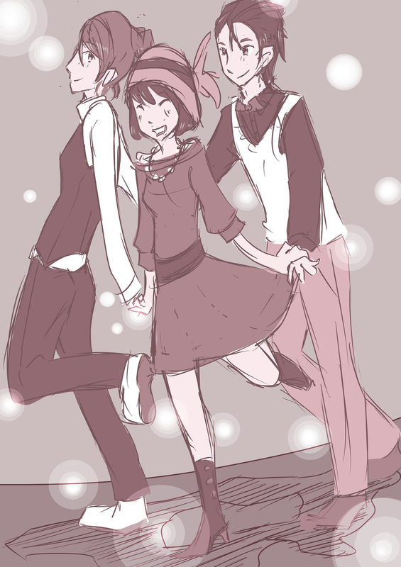 digital drawing of Mariel, Aya, and Tristan holding hands; Mariel has her back to the other two, but is looking over her shoulder at them and smiling; Tristan is facing her and grinning; Aya is holding both their hands and grinning at the viewer.